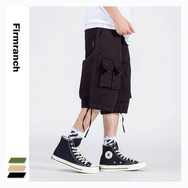 

forgss summer men loose wide leg shorts cargo pant design sense 3d pockets 100% cotton casual trousers cropped men's, White;black