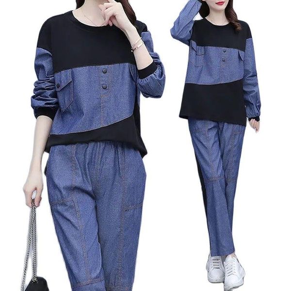 

women's two piece pants 2 set spring autumn cowboy ladies suit 2021 all-match stitching long sleeve denim two-piece, White