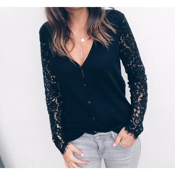 

women loose long sleeve v neck lace button blouse casual solid shirt women's blouses & shirts, White