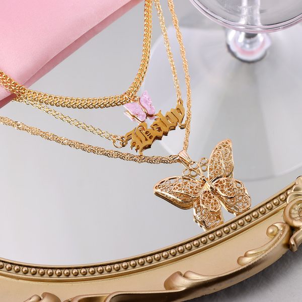 

caraquet hollow big butterfly baby letter pendants necklace for women multilayer gold silver color metal necklace trendy jewelry, Red;blue