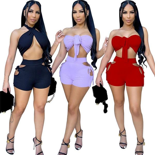 

women's tracksuits wuhe fitness sports 2 piece suits breast wrap off shoulder sleeveless hollow out lace up and short pants casual outf, Gray