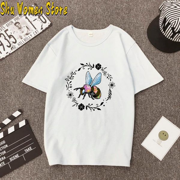 

fashion bee print casual t-shirt for women loose round neck shorts sleeve letter shirt women's, White