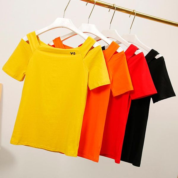 

women's t-shirt off the shoulder for women tshirt summer 2021 cotton t shirt tee femme short sleeve camiseta mujer, White