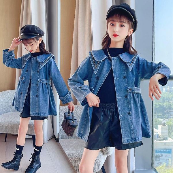 

coat girls jacket double-breasted blue denim lapel windbreaker long-sleeved cardigan spring and autumn casual slim, Blue;gray