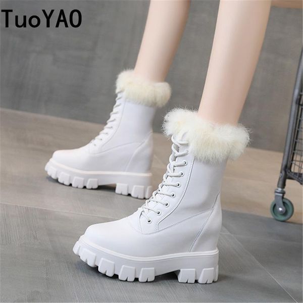 

boots women's fur snow winter thick bottom warm 8.5cm heels round toe plush platform fashion causal ankle, Black