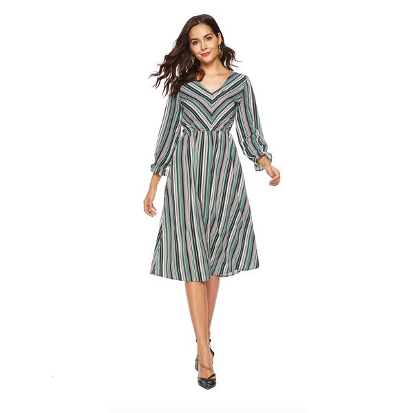 

dresses spring striped v-neck swing chiffon for women vintage, Black;gray