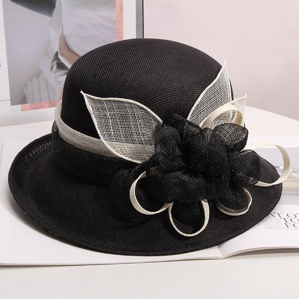 

british lady deby race fedora hat summer elegant flower linen sun cap women vaction wide brimmed cloche hats stingy brim, Blue;gray