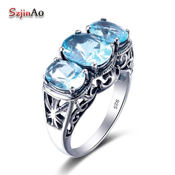 

cluster rings szjinao bohemian big shape vintage party finger ring moonlight blue aquamarine 925 sterling silver jewelry wholesale, Golden;silver