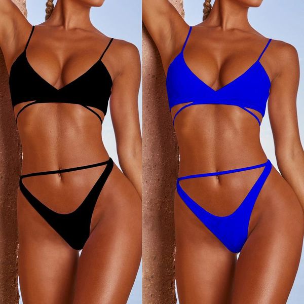 

one-piece suits est bikinis female pure color swimwear women high cut bikini set string swimming suit for outdoor black swimsuit