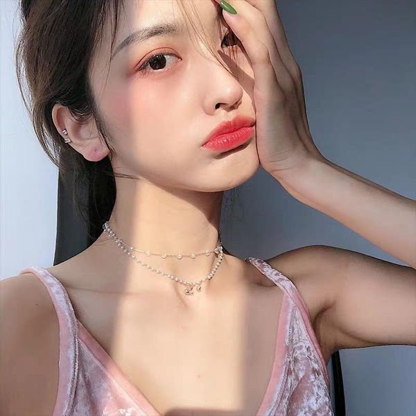 

short double-layer pearl clavicle chain design necklace chokers, Golden;silver