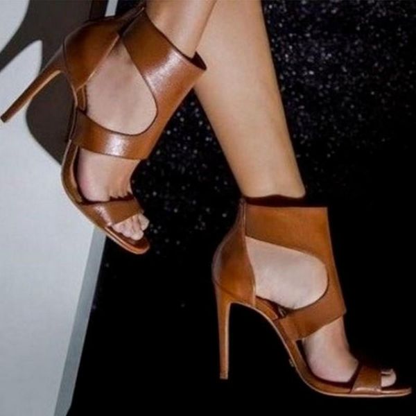 

summer leather shoes fashion solid color casual open toe women's sandals size 34-43 super high heel pu zip thin heels 11cm brown, Black