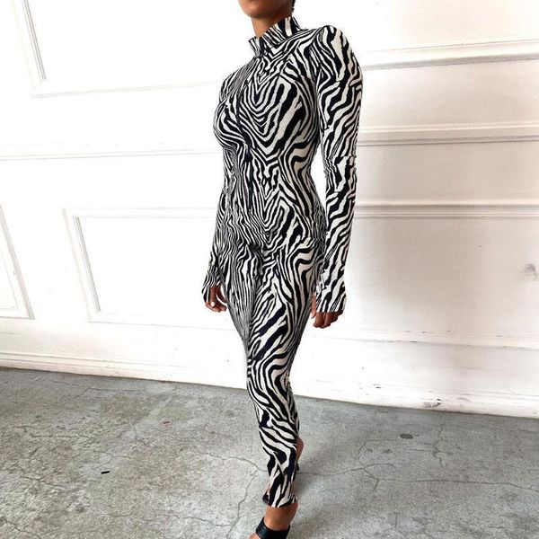 

zebra pattern print zipper women jumpsuits v neck long sleeve bodycon spring nordic 1 piece club outfits, Black;white