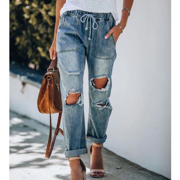 

women's jeans zqlz vintage boyfriend loose women casual knee holes streetwear plus size mom trousers retro fashion drawstring pants, Blue