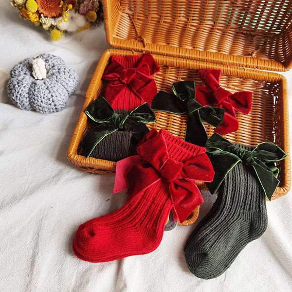 

socks baby girls christmas autumn toddler big bow knee high long soft cute kids cotton red born for 0-3 y, Pink;yellow