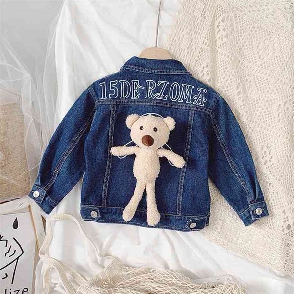 

gooporson fall baby girl jacket fashion korean fashion letter printed bear doll denim jackets coat little girls outwear 210715, Blue;gray