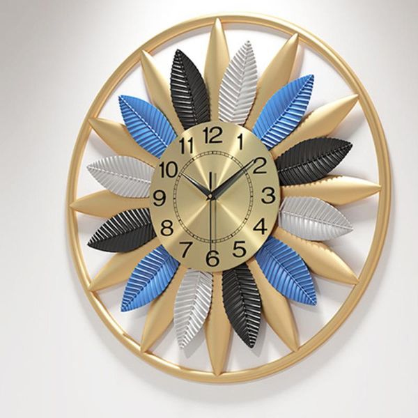 

simple iron leaf living room round clock creative porch background wall silent clocks