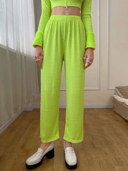 

textured elastic waist straight leg pants n6g4#, Black;white