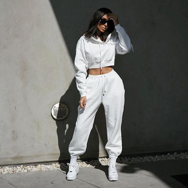

women's two piece pants winter fitness suit casual long sleeved zipper hooded drawstring sweatshirts solid color lace up trousers ladie, White