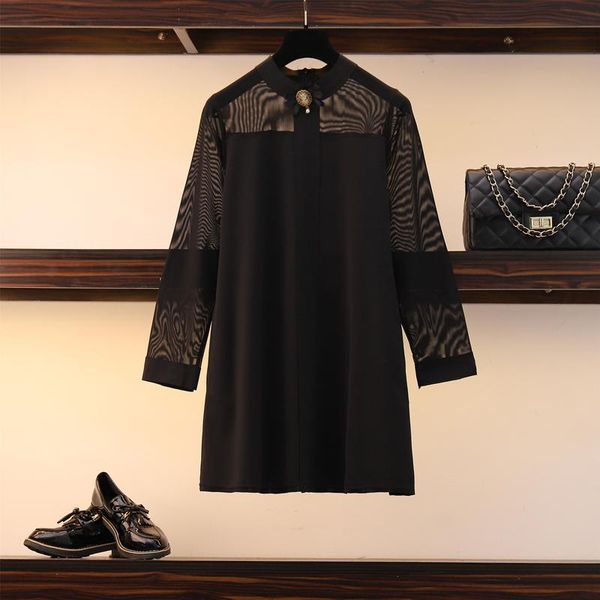 

casual dresses fall 2021 fat mm long bottom dress with age reduction and skinny screen yarn splicing, Black;gray