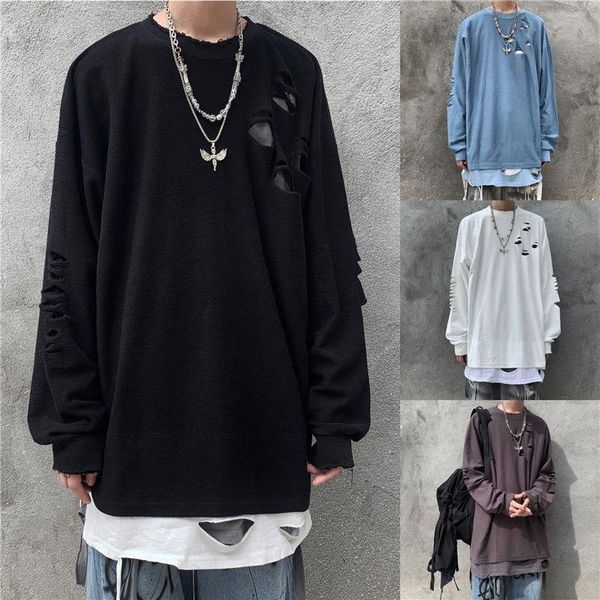 

men's hoodies & sweatshirts autumn ripped hoodie fashion casual hole fake two-piece sweatshirt men streetwear wild loose hip-hop pullov, Black