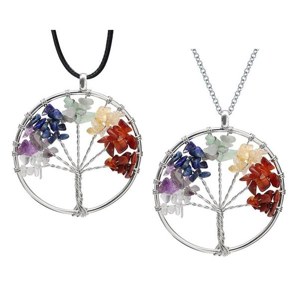 

pendant necklaces tree of life copper with colorful crystal natural stone winding big hoop necklace women jewelry, Silver