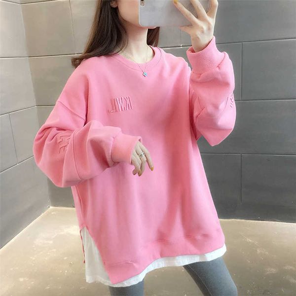 

long fake two sleeve t-shirt women's spring and autumn 2021 large loose korean sweater fashion t-fat mm slim top, White