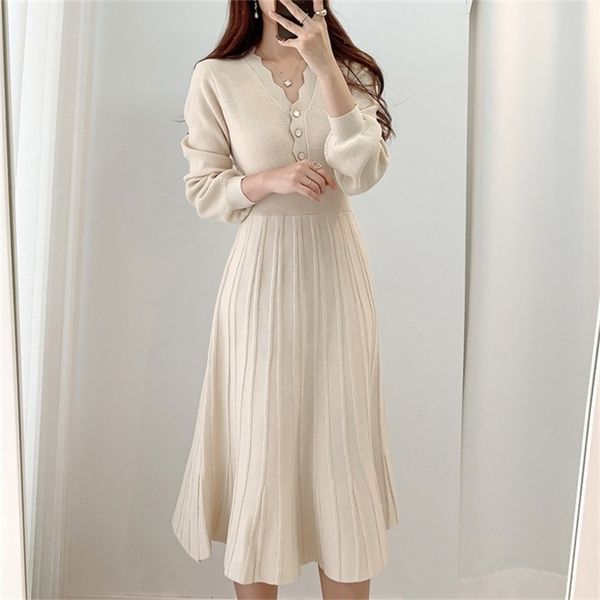 

korean pleated dress spring long sleeve slim woman sweater es knitted vintage elegant midi party 211112, Black;gray