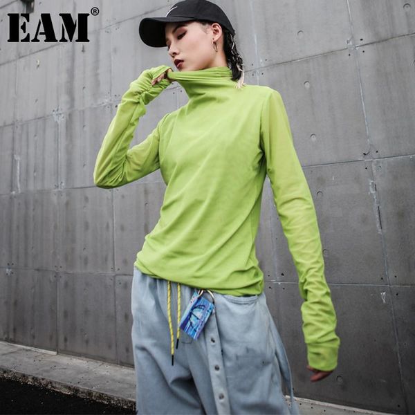 

women's t-shirt [eam] women hollow out mesh perspective green turtleneck long sleeve fashion tide spring autumn 2021 1dd4088, White