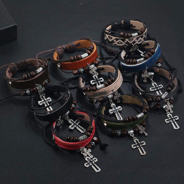 Will and Sandy Retro Jesus Kreuz Charm-Armband mit Holzperlen, verstellbare mehrschichtige Wickel-Lederarmbänder für Damen und Herren, Modeschmuck