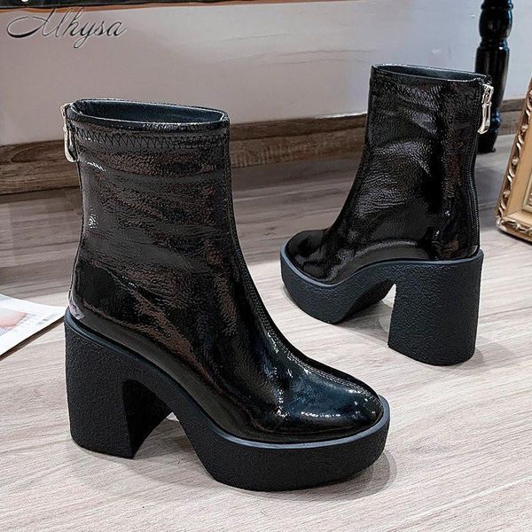 

boots 2021 autumn and winter women's thick-soled super high heel patent leather round toe short, Black
