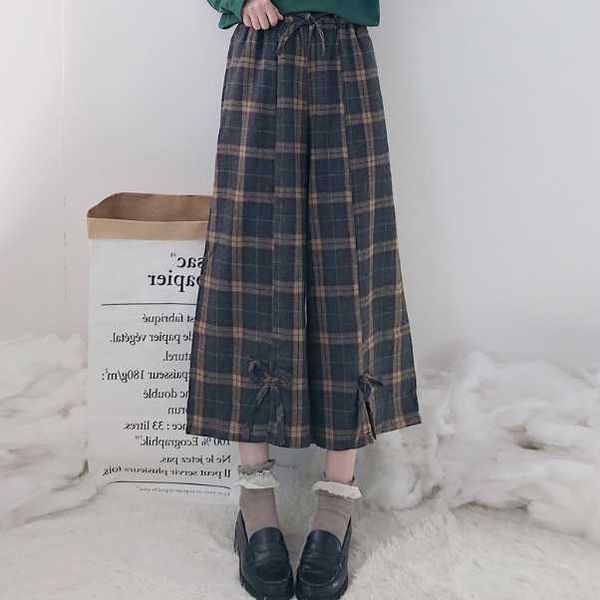 

women's pants & capris japanese women lolita style wide leg elastic waist vintage plaid ankle-length cute kawaii girl trousers db403, Black;white
