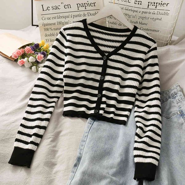 

korobov new fashion women striped cardigans summer thin long sleeve sweaters streetwear sunscreen v neck sueter mujer 210430, White