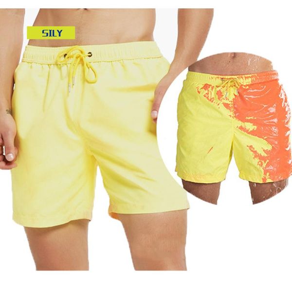 

men's beach shorts summer color changing male short pants men elastic fitness bodybuilding work casual bermuda board, White;black