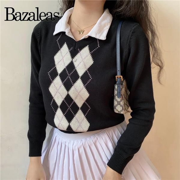 

bazaleas loose sweater women streetwear tartan knitted pullover vintage pull femme drop women's sweaters, White;black