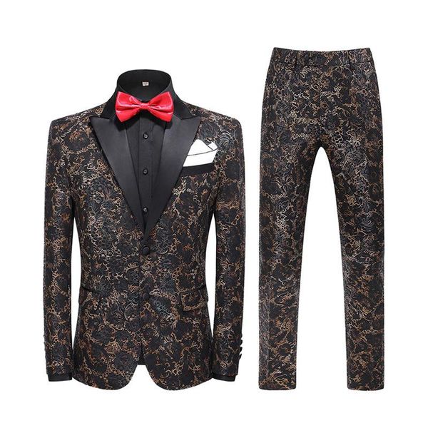 

men's suits & blazers mens luxury slim suit casual design stylish floral pattern men;s 2 piece stage singer tuxedo size 5xl, White;black