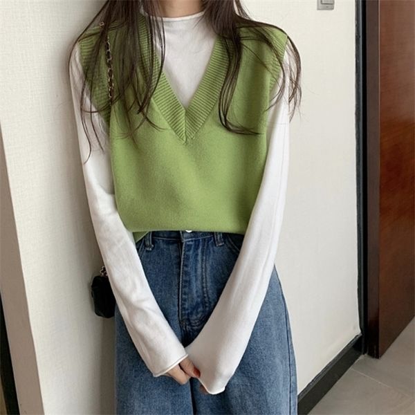 

gagarich women vest autumn style loose v-neck short sleeveless sweater knitted female korean-style fashion tank, Black;white