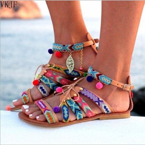 

sandals 2021 summer plus size the women's bohemian fish mouth ball ethnic wind flat lace-up, Black