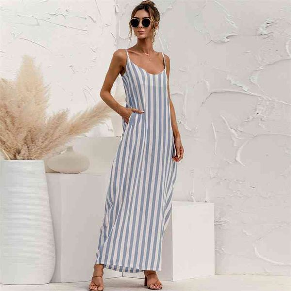 

summer long dresses women v neck striped sleeveless boho beach dress fashion spaghetti strap pockets loose sundress female 210522, Black;gray