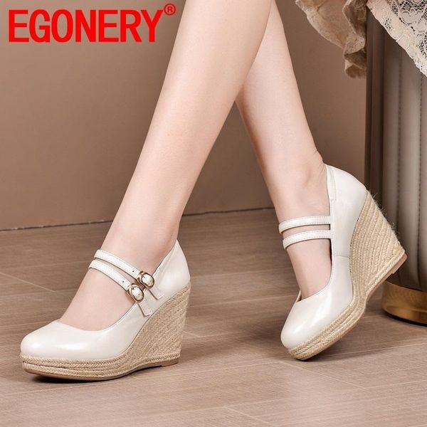 

dress shoes egonery 2021 spring concise women pumps outside high heels platform sheepskin round toe drop size 34-39, Black