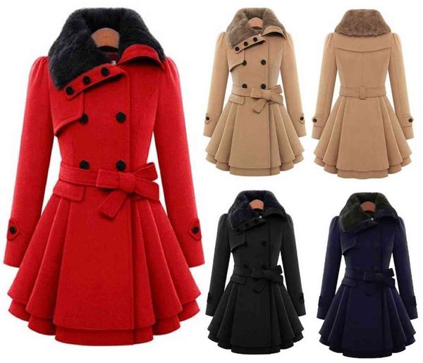 

women's slim long woolen coat double breasted windbreaker warm, Black