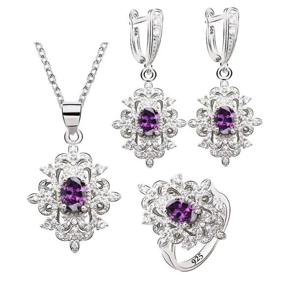 

earrings & necklace purple zircon silver color jewelry sets for women pendant ring green blue