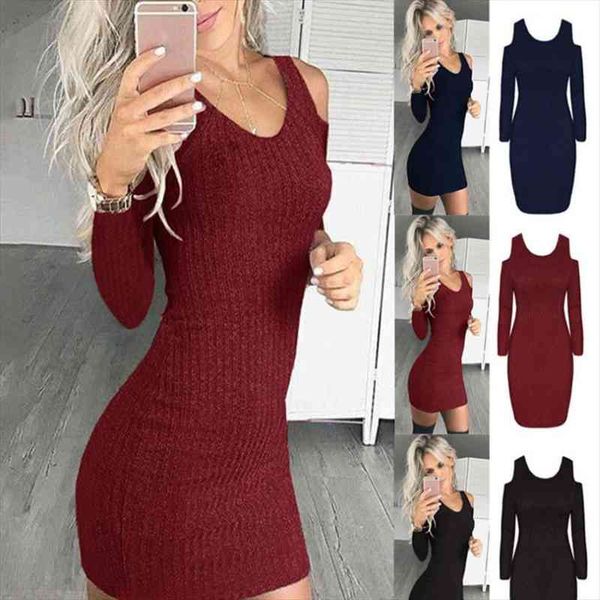 

autumn winter spring elegant women dresses black long sleeve cold shoulder vestidos knitted bodycon sheath pencil mini, Black;gray