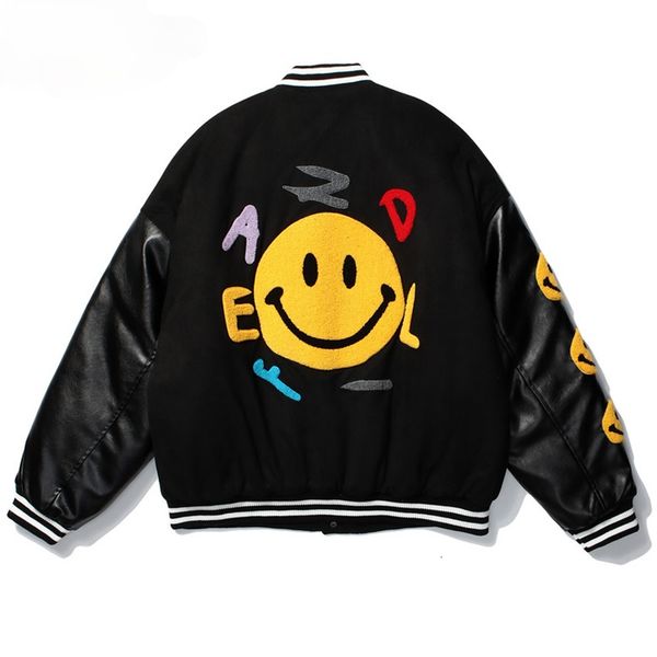 

men's jackets jaqueta de beisebol masculina smile, casal, hip hop, patchwork, couro pu, casaco grosso fashion, tamanho gran, inverno, r, Black;brown
