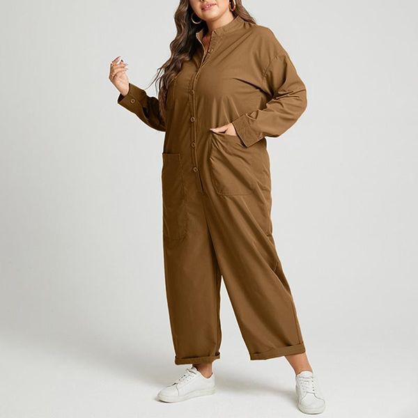 

women's plus size pants women jumpsuit pockets 2022 autumn overalls female long sleeve romper loose casual stand collar bottom playsuit, Black