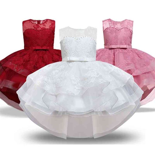 10 Jahre kleine Mädchen Blumenkleid Zeremonie Abendkleid Kommunion Teenager-Mädchen-Kleidung Kinderkleider für Mädchen weißes Hochzeits-Schleppkleid 210331