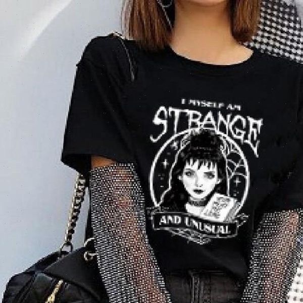 

1pcs cool womens t shirts fashion shirt beetlejuice i am strange and unusual black women cute grunge gothic tee halloween, White