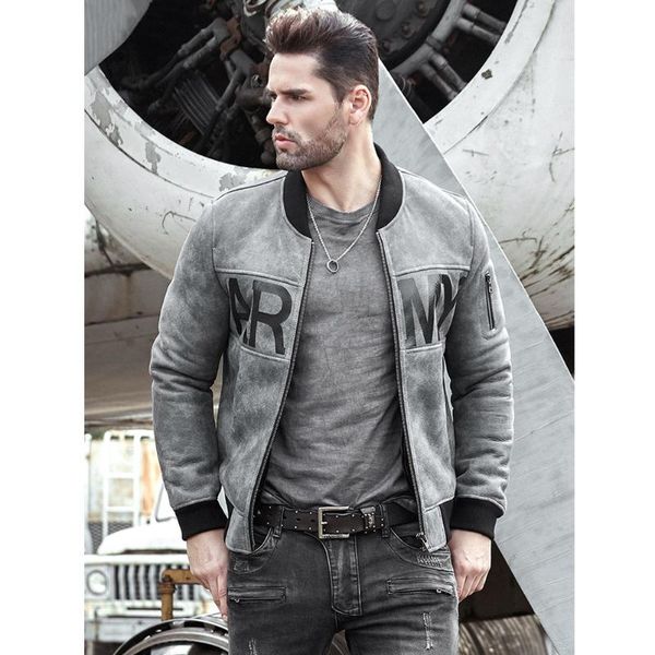 

men's leather & faux mens gray shearling jacket sheepskin coat motorcycle b3 flight baseball collar, Black