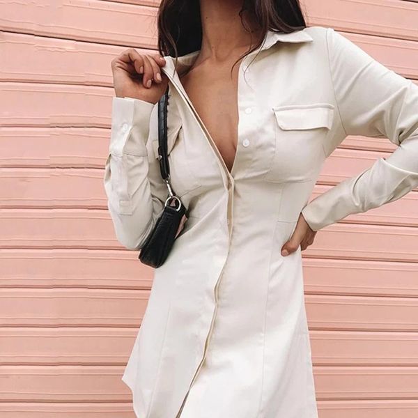 

casual dresses summer autumn backless turn down collar white mini bodycon dress party long sleeve women skinny black shirtdress, Black;gray