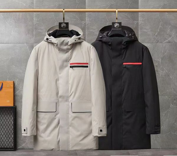 

winter outdoor men's mid-length hooded down et with zipper pocket dign for wind and cold protection, Black