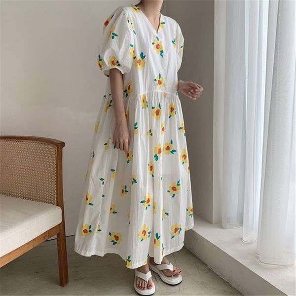 

party dresses new arrivals long floral print summer dress for ladies loose puff sleeve female sundresses sweet chic women's clothi, White;black